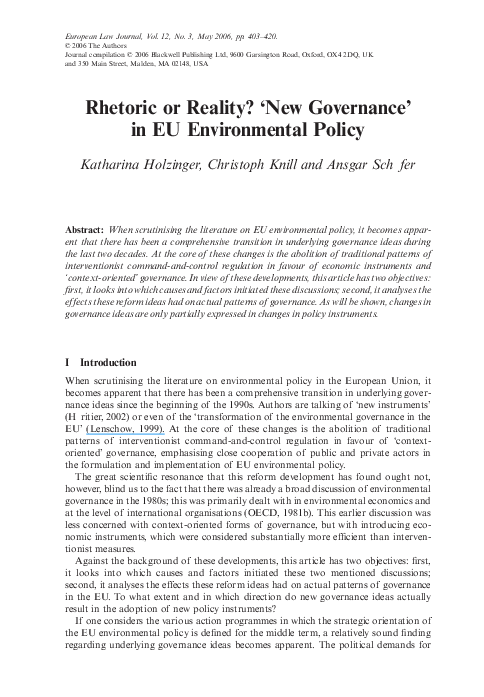 (PDF) Rhetoric or Reality? 'New Governance' in EU Environmental Policy