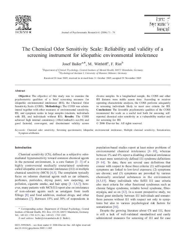 Pdf The Chemical Odor Sensitivity Scale Reliability And Validity Of A Screening Instrument For Idiopathic Environmental Intolerance Josef Bailer Academia Edu