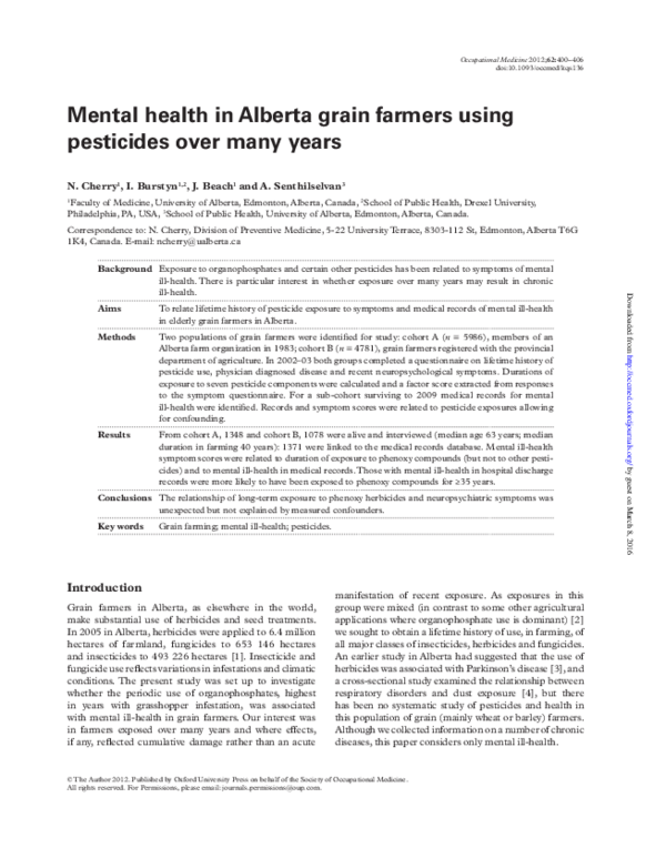 (PDF) Mental health in Alberta grain farmers using pesticides over many ...