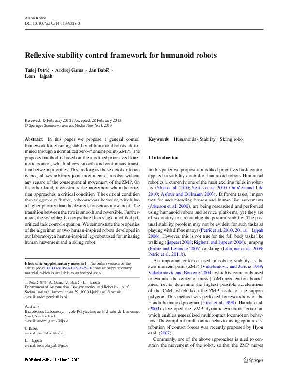 (PDF) Reflexive stability control framework for humanoid robots