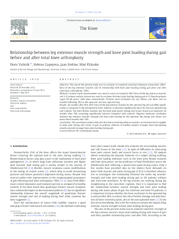 (PDF) Relationship between leg extensor muscle strength and knee joint ...
