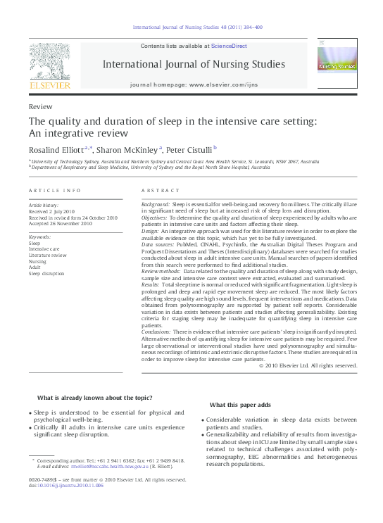 (PDF) The quality and duration of sleep in the intensive care setting ...