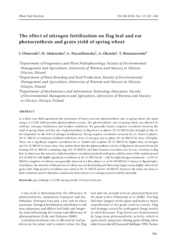 (PDF) The effect of nitrogen fertilization on flag leaf and ear ...