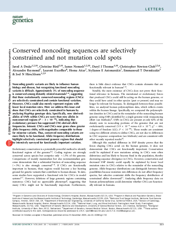 (PDF) Conserved noncoding sequences are selectively constrained and not ...