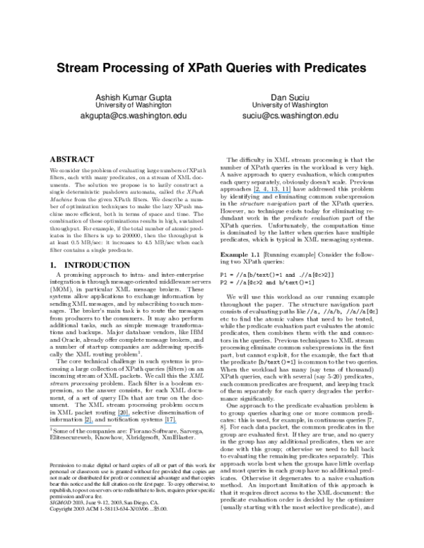 (PDF) Stream processing of XPath queries with predicates