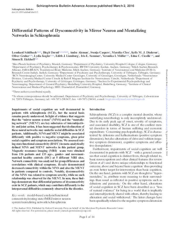 (PDF) Differential Patterns of Dysconnectivity in Mirror Neuron and ...