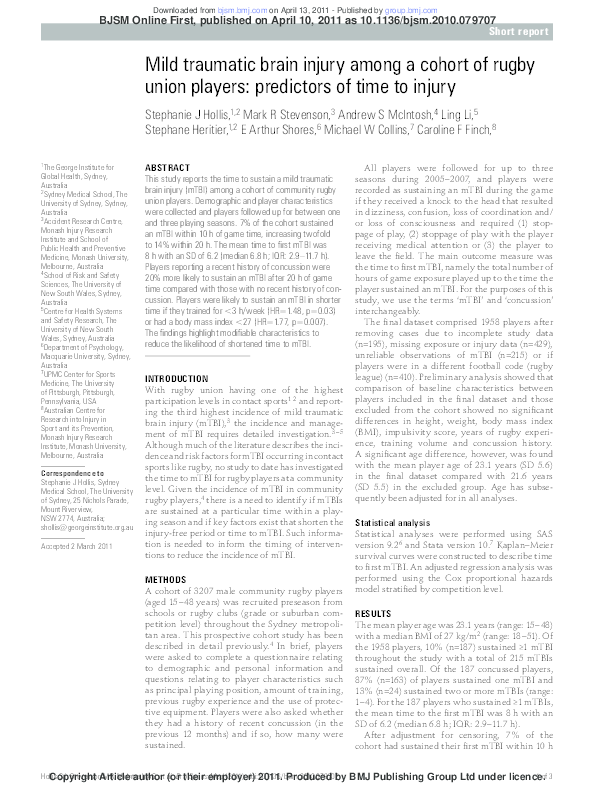 (PDF) Mild traumatic brain injury among a cohort of rugby union players ...