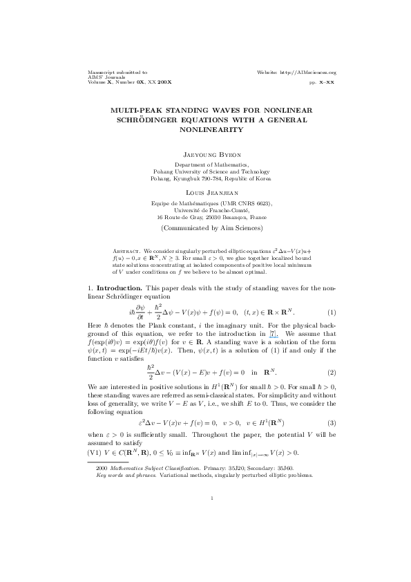 (PDF) MULTI-PEAK STANDING WAVES FOR NONLINEAR SCH ODINGER EQUATIONS ...