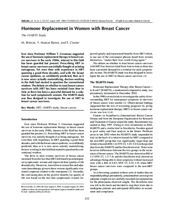 (PDF) Hormone Replacement in Women with Breast Cancer: The HABITS Study