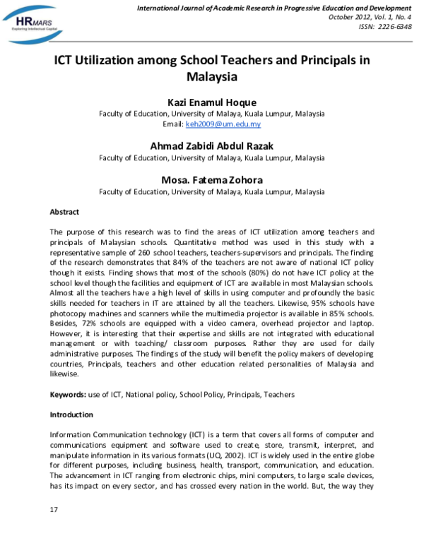 (PDF) ICT Utilization among School Teachers and Principals in Malaysia