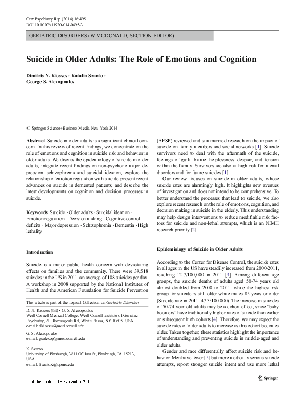 (PDF) Suicide in older adults: the role of emotions and cognition