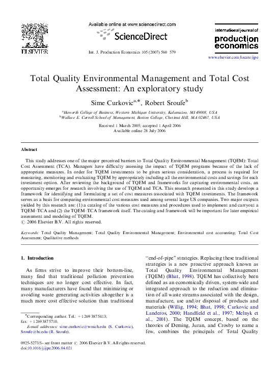 (PDF) Total Quality Environmental Management and Total Cost Assessment