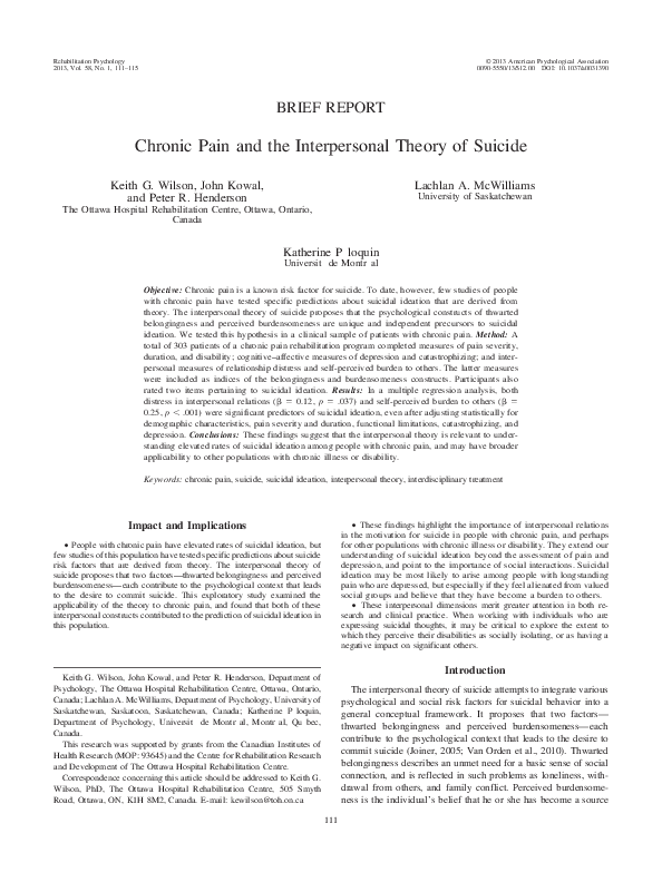 (PDF) Chronic pain and the interpersonal theory of suicide