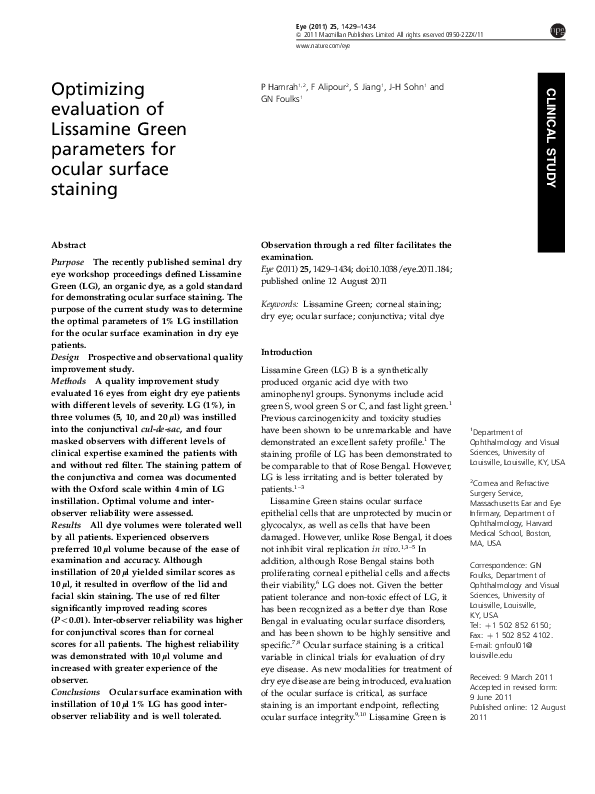 Pdf Optimizing Evaluation Of Lissamine Green Parameters For Ocular Surface Staining Gary Foulks Academia Edu