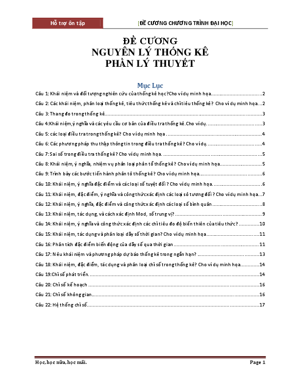 First page of “Hỗ trợ ôn tập [ĐỀ CƯƠNG CHƯƠNG TRÌNH ĐẠI HỌC] ĐỀ CƢƠNG NGUYÊN LÝ THỐNG KÊ PHẦN LÝ THUYẾT”