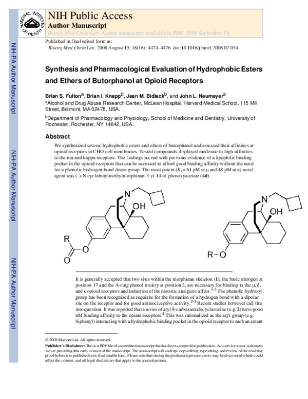 (PDF) Synthesis and pharmacological evaluation of hydrophobic esters ...