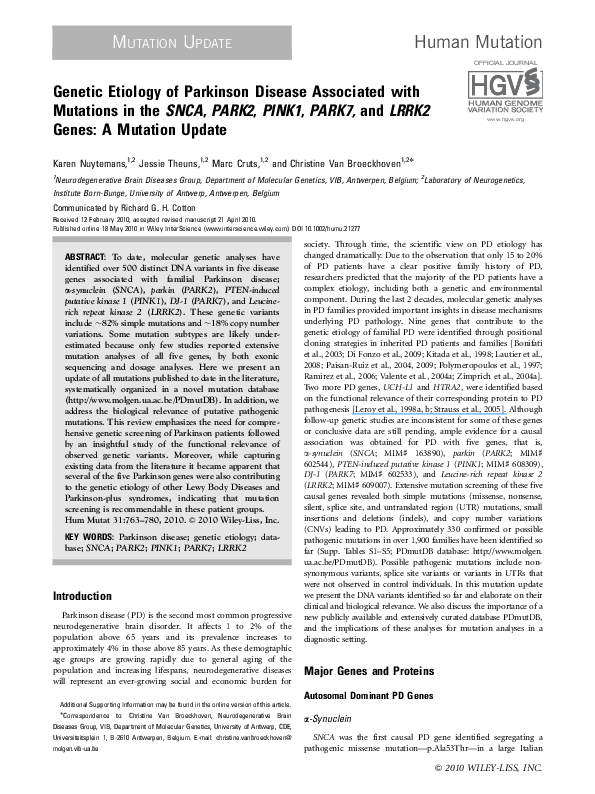 (PDF) Genetic etiology of Parkinson disease associated with mutations ...