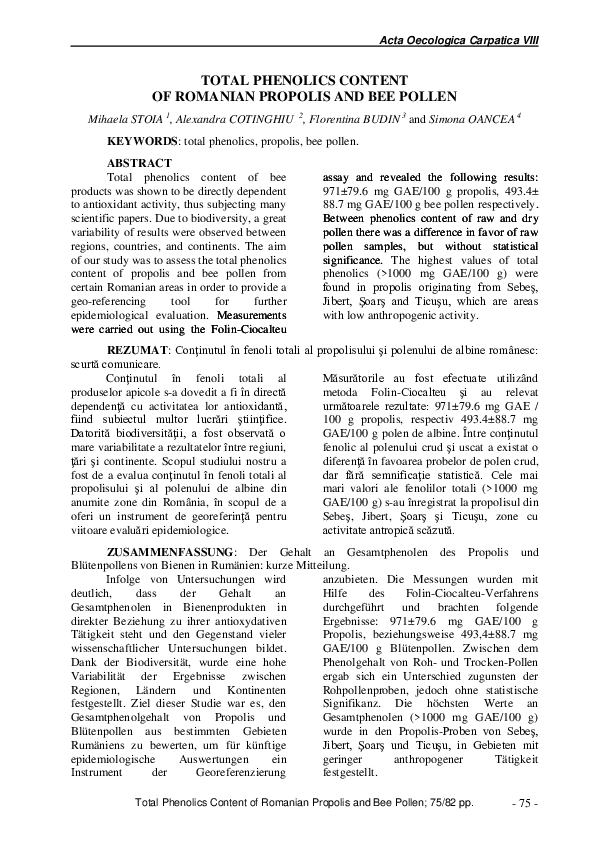 (PDF) Total Phenolics Content of Romanian Propolis and Bee Pollen