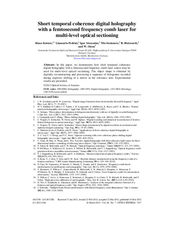 (PDF) Short temporal coherence digital holography with a femtosecond ...