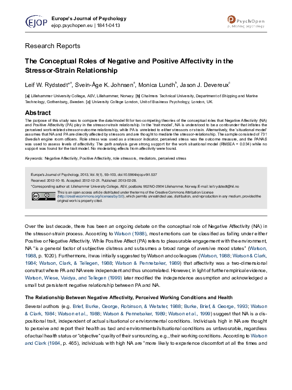 (PDF) The Conceptual Roles of Negative and Positive Affectivity in the ...