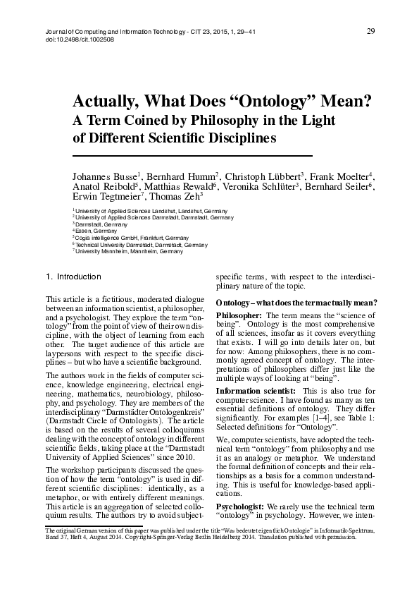 (PDF) Actually, What Does “Ontology” Mean? Bernhard Humm, Anatol