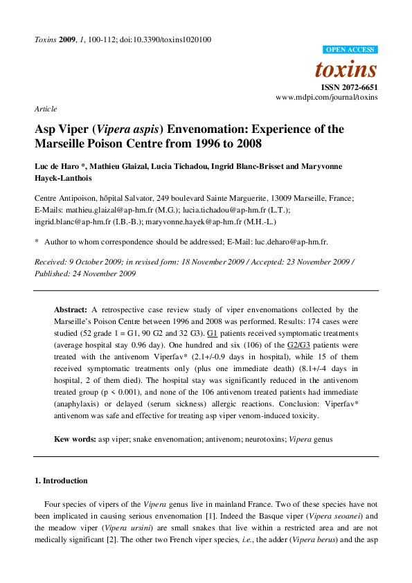 (PDF) Asp Viper (Vipera aspis) Envenomation: Experience of the ...