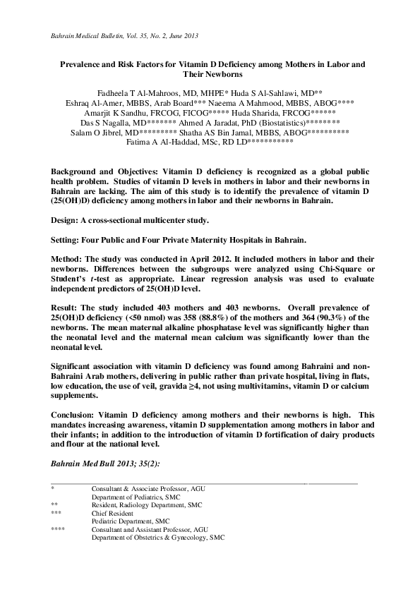(PDF) Prevalence and Risk Factors for Vitamin D Deficiency among ...