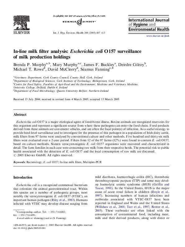 (PDF) In-line milk filter analysis: Escherichia coli O157 surveillance ...