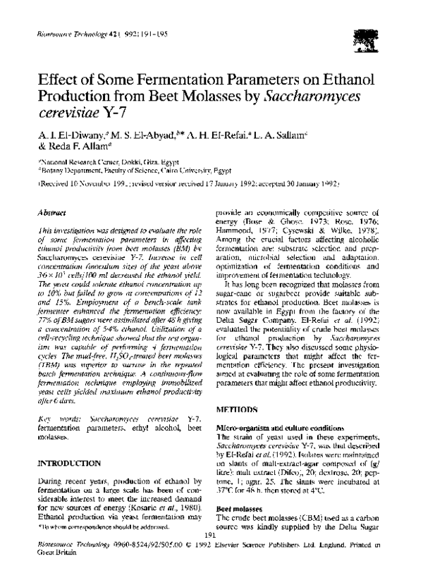 (PDF) Effect of some fermentation parameters on ethanol production from ...