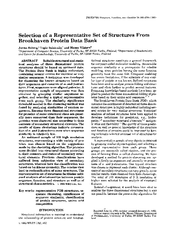 (PDF) Selection of a representative set of structures from Brookhaven