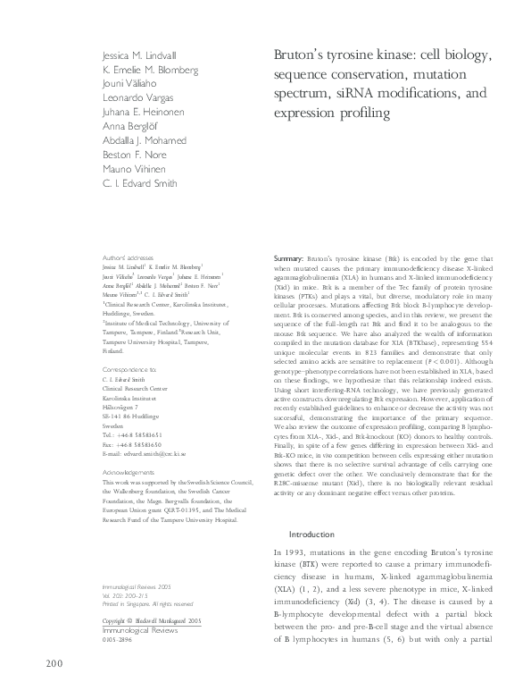 (PDF) Bruton's tyrosine kinase: cell biology, sequence conservation ...