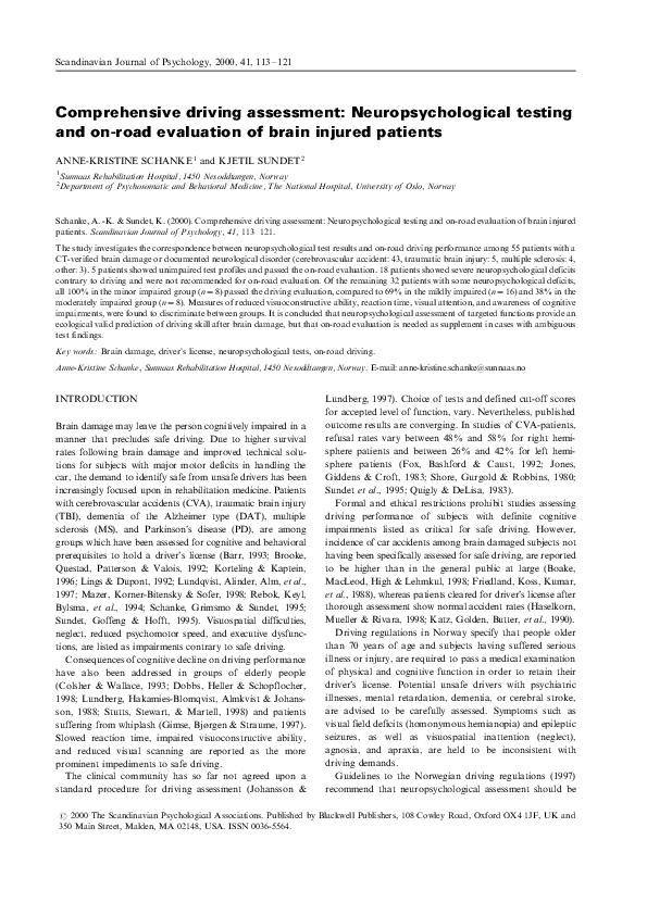 (PDF) Comprehensive Driving Assessment Neuropsychological Testing and