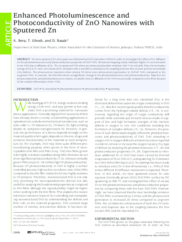 (PDF) Enhanced Photoluminescence and Photoconductivity of ZnO Nanowires ...