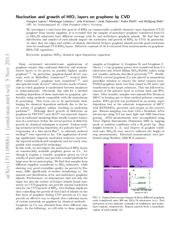 (PDF) Nucleation and growth of HfO2 layers on graphene by chemical ...