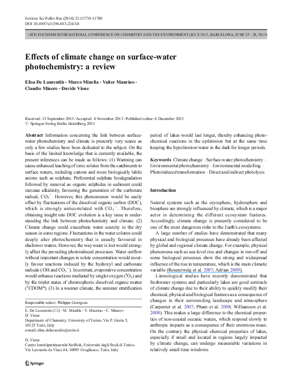 (PDF) Effects of climate change on surface-water photochemistry: a review