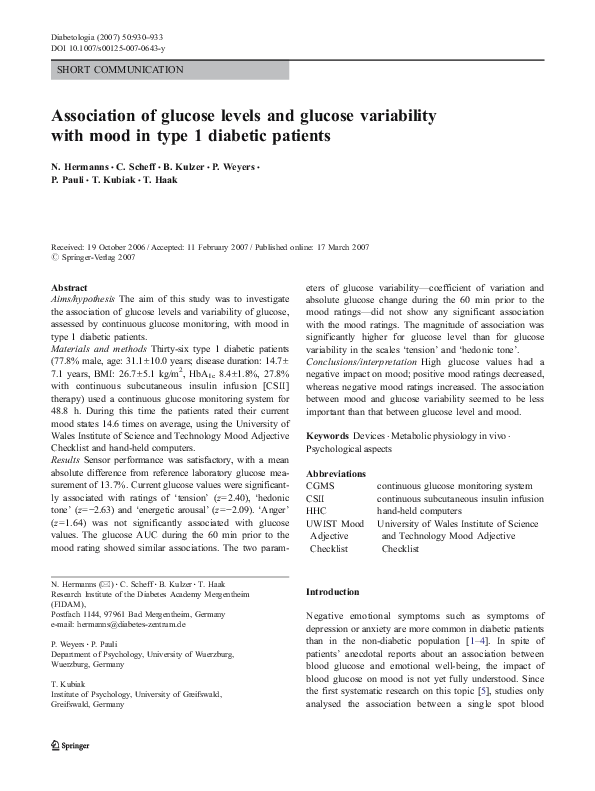 (PDF) Association of glucose levels and glucose variability with mood ...