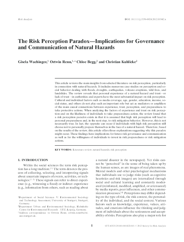 (PDF) The risk perception paradox--implications for governance and ...