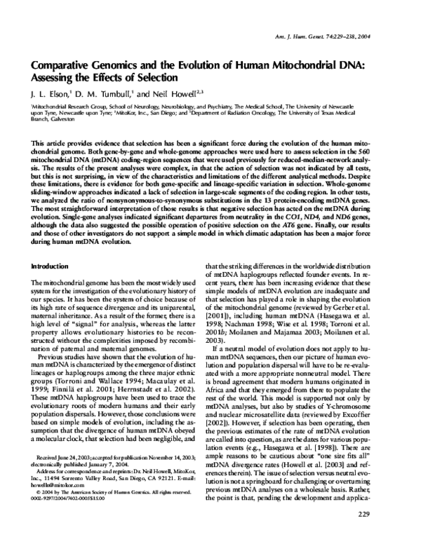 (PDF) Comparative Genomics and the Evolution of Human Mitochondrial DNA ...