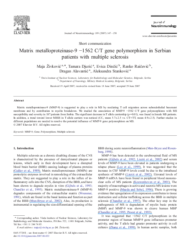 (PDF) Matrix metalloproteinase-9 −1562 C/T gene polymorphism in Serbian ...