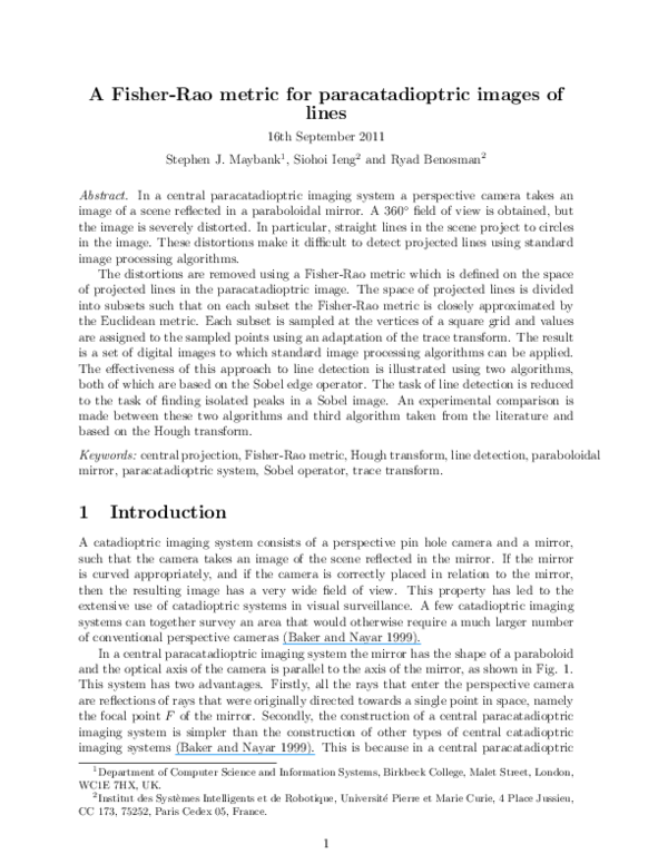 (PDF) A Fisher-Rao Metric for Paracatadioptric Images of Lines