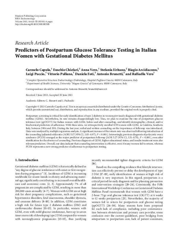 (PDF) Predictors of Postpartum Glucose Tolerance Testing in Italian ...