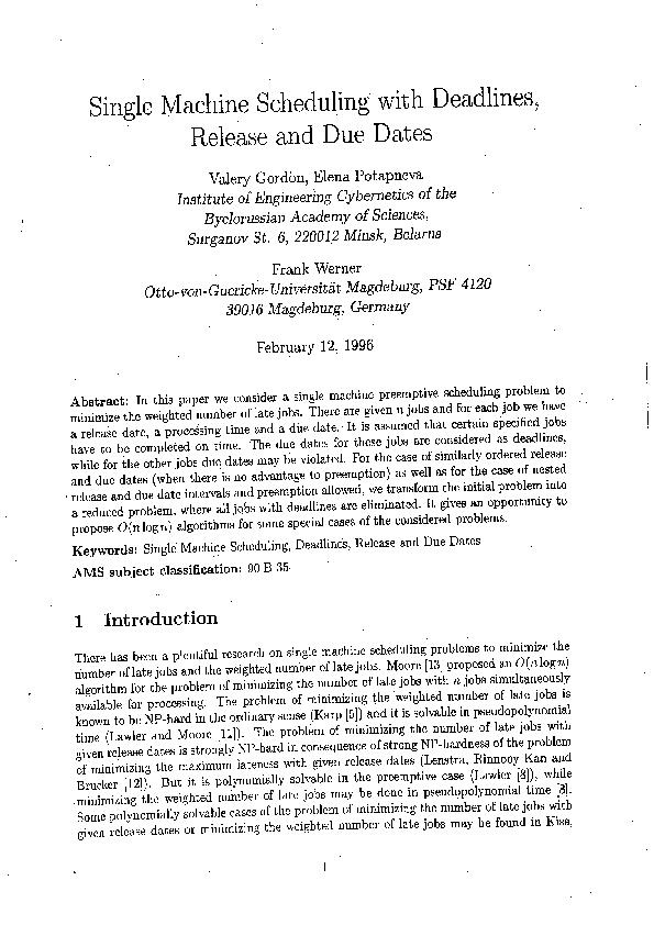(PDF) Single machine scheduling with deadlines, release and due dates