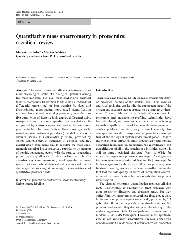 (PDF) Quantitative mass spectrometry in proteomics: a critical review