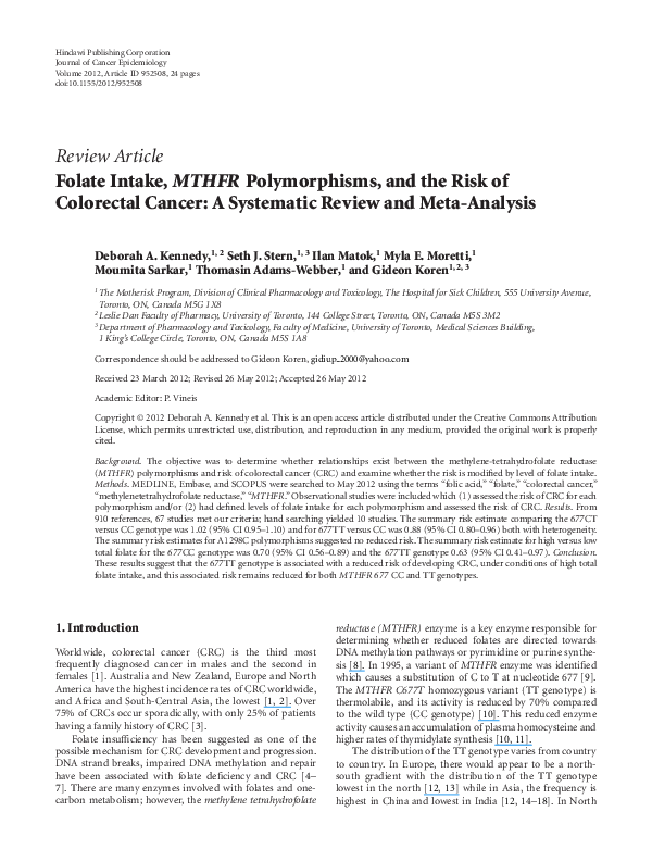 (PDF) Folate Intake, MTHFR Polymorphisms, and the Risk of Colorectal ...
