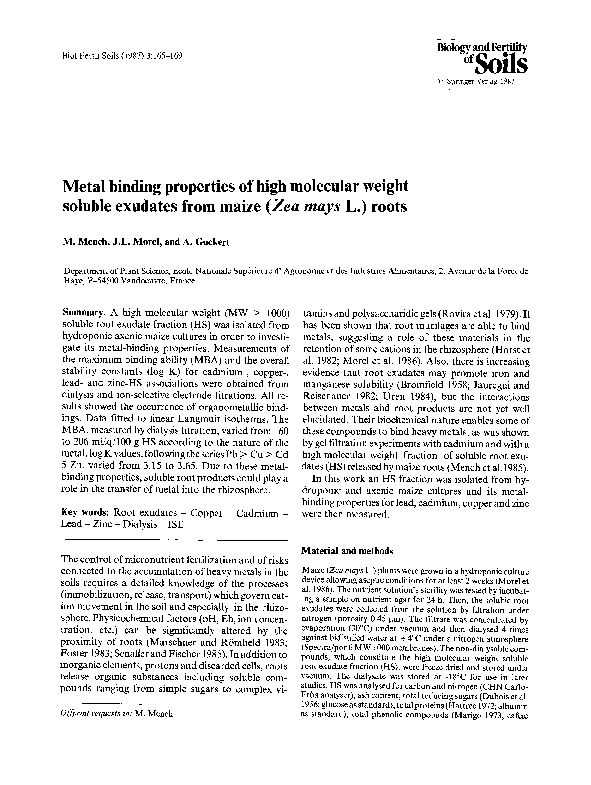 (PDF) Metal binding properties of high molecular weight soluble ...