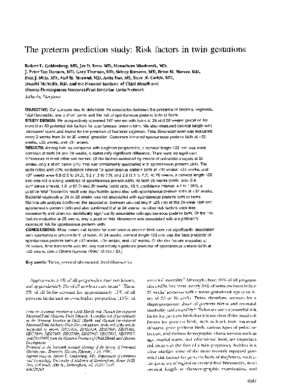 (PDF) The preterm prediction study: Risk factors in twin gestations