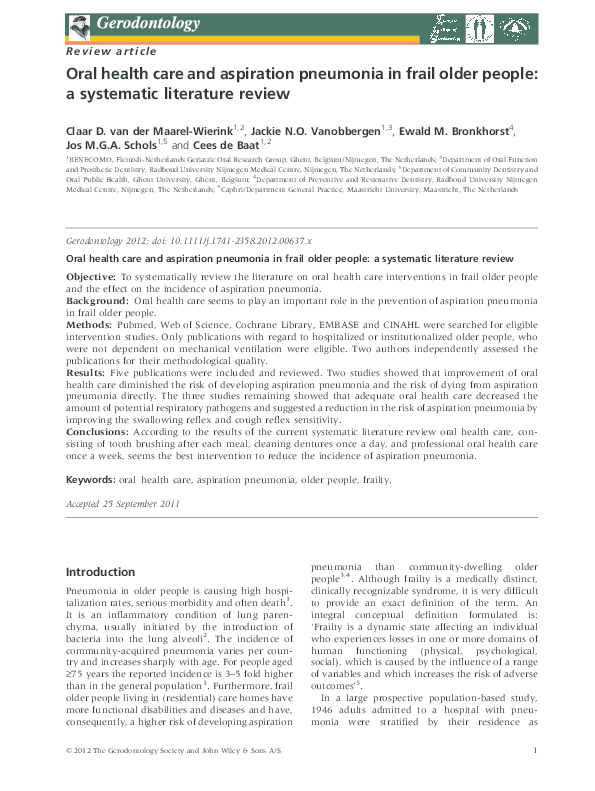 (PDF) Oral health care and aspiration pneumonia in frail older people