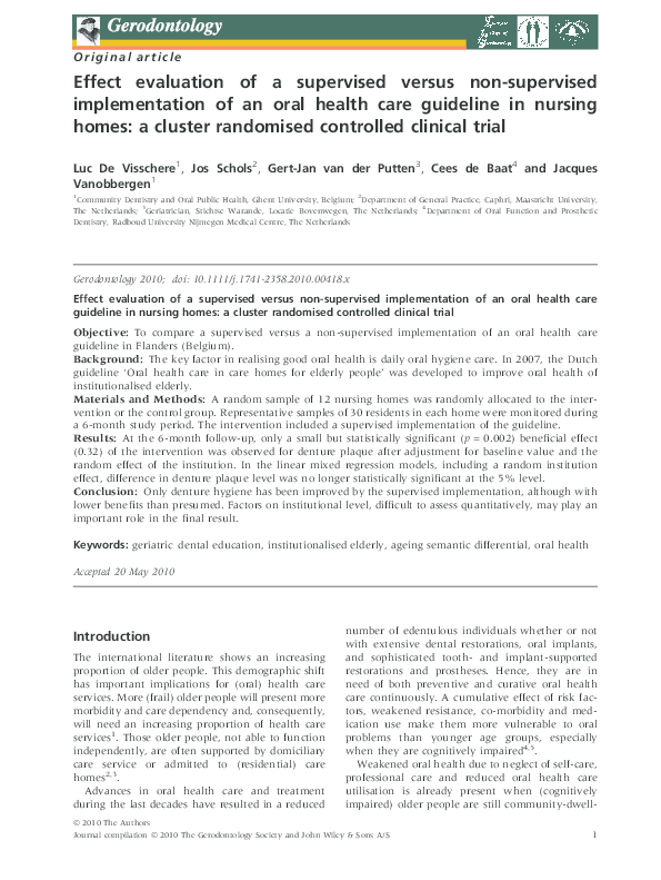 (PDF) Effect evaluation of a supervised versus nonsupervised implementation of an oral health