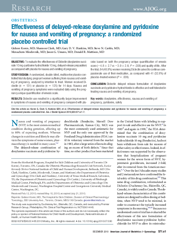(PDF) Effectiveness of delayedrelease doxylamine and pyridoxine for