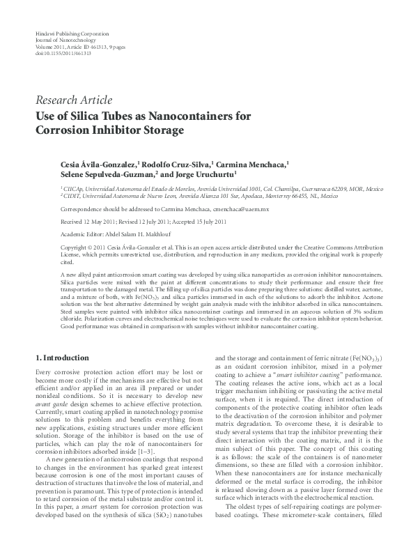 (PDF) Use of Silica Tubes as Nanocontainers for Corrosion Inhibitor Storage